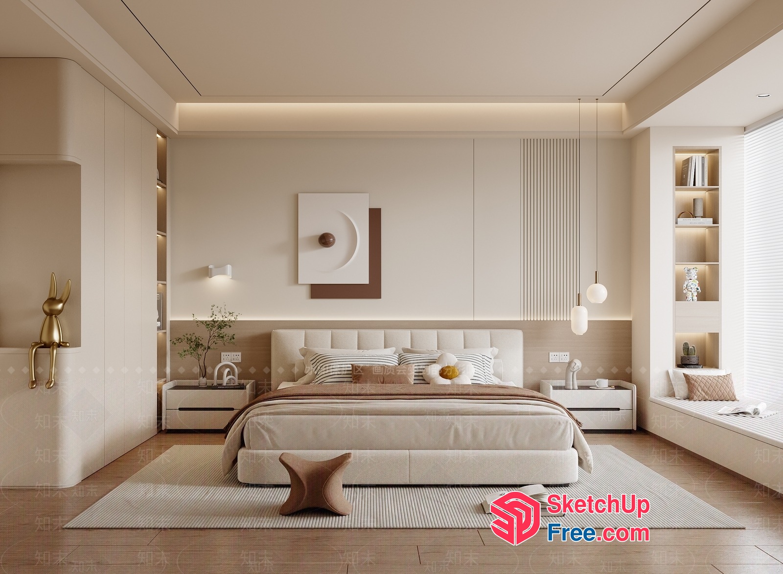 Modern Minimalist Bedroom With Creamy Beige And White Tones 3D SketchUp File