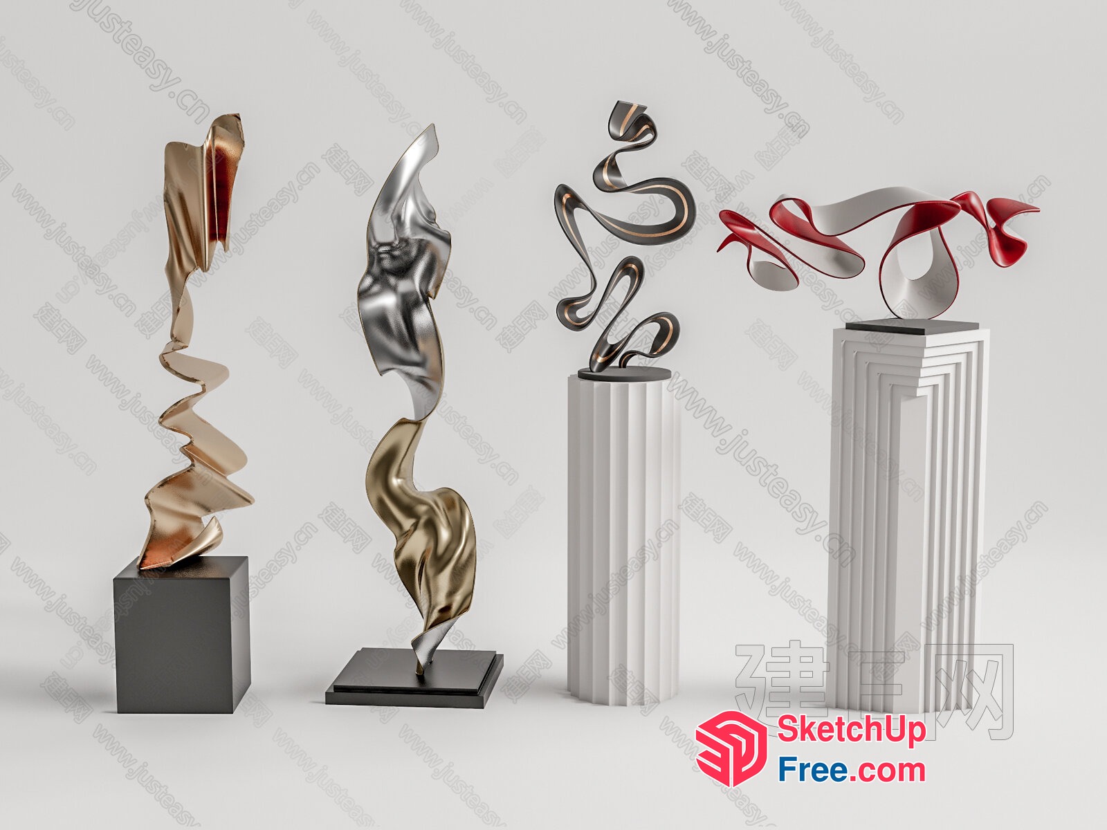 Abstract Metal Sculptures On Pedestals 3D SketchUp File
