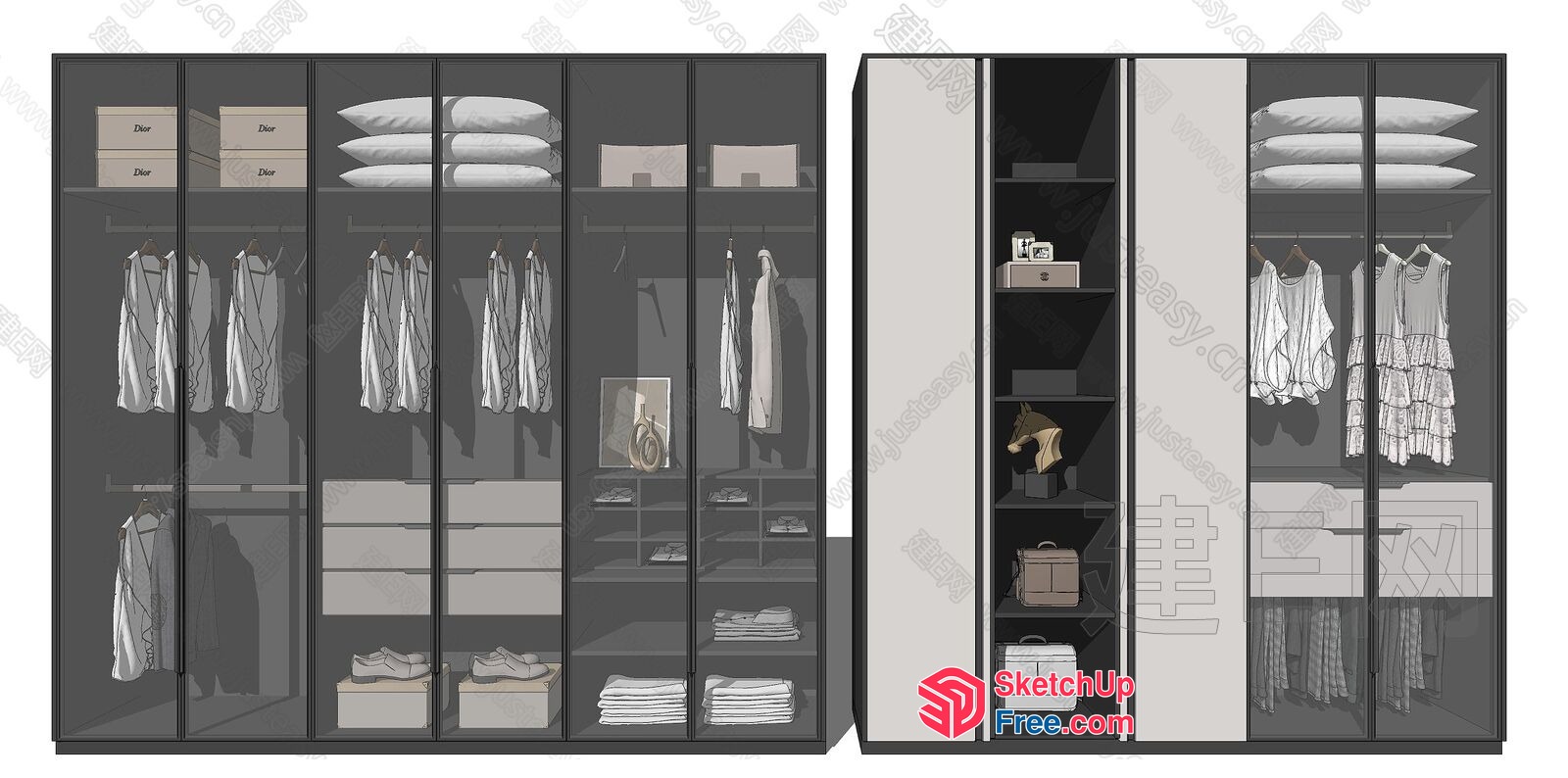 Modern Wardrobe Design With Glass Doors And Storage 3D SketchUp File