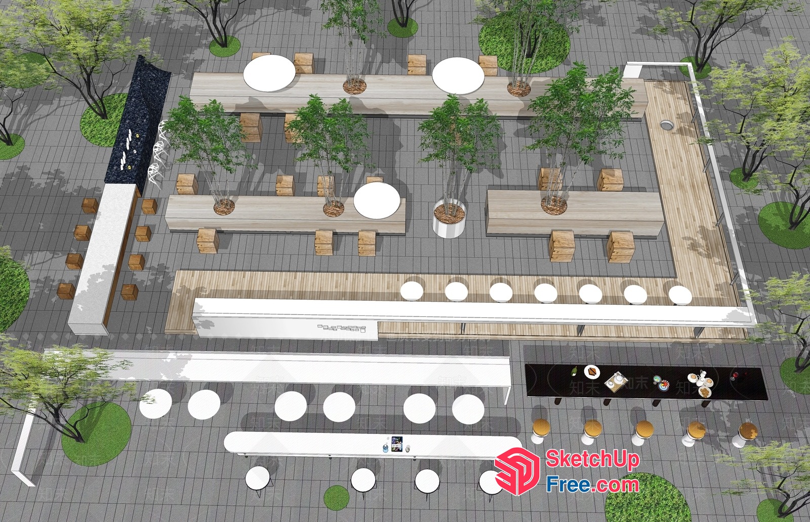 Modern Outdoor Cafe With Sleek Furniture And Greenery 3D SketchUp File