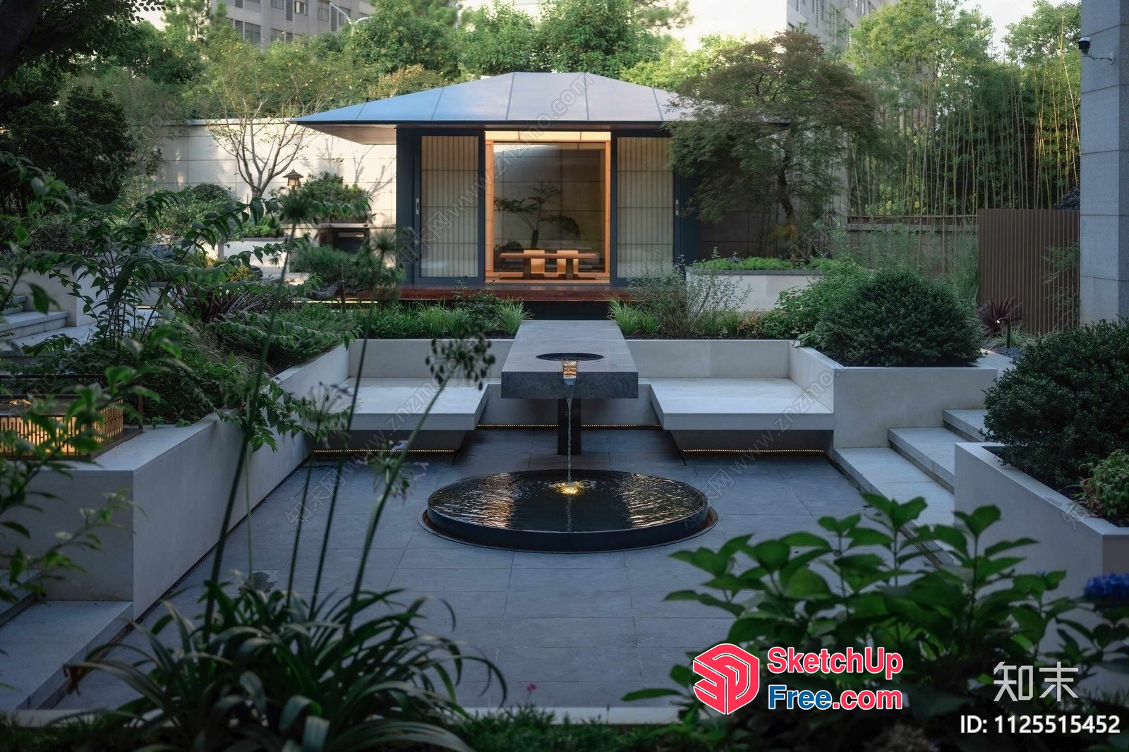 Japanese-Style Courtyard With Water Feature 3D SketchUp File
