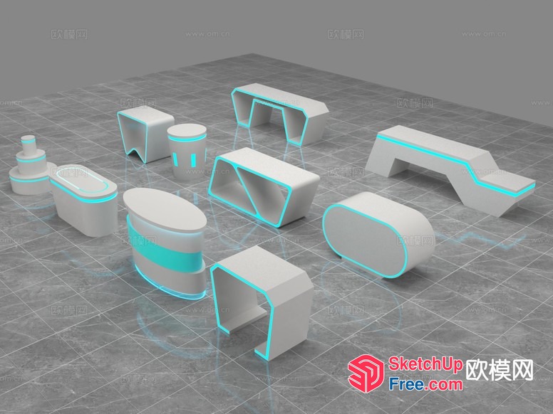 Futuristic White And Blue Furniture Set 3D SketchUp File