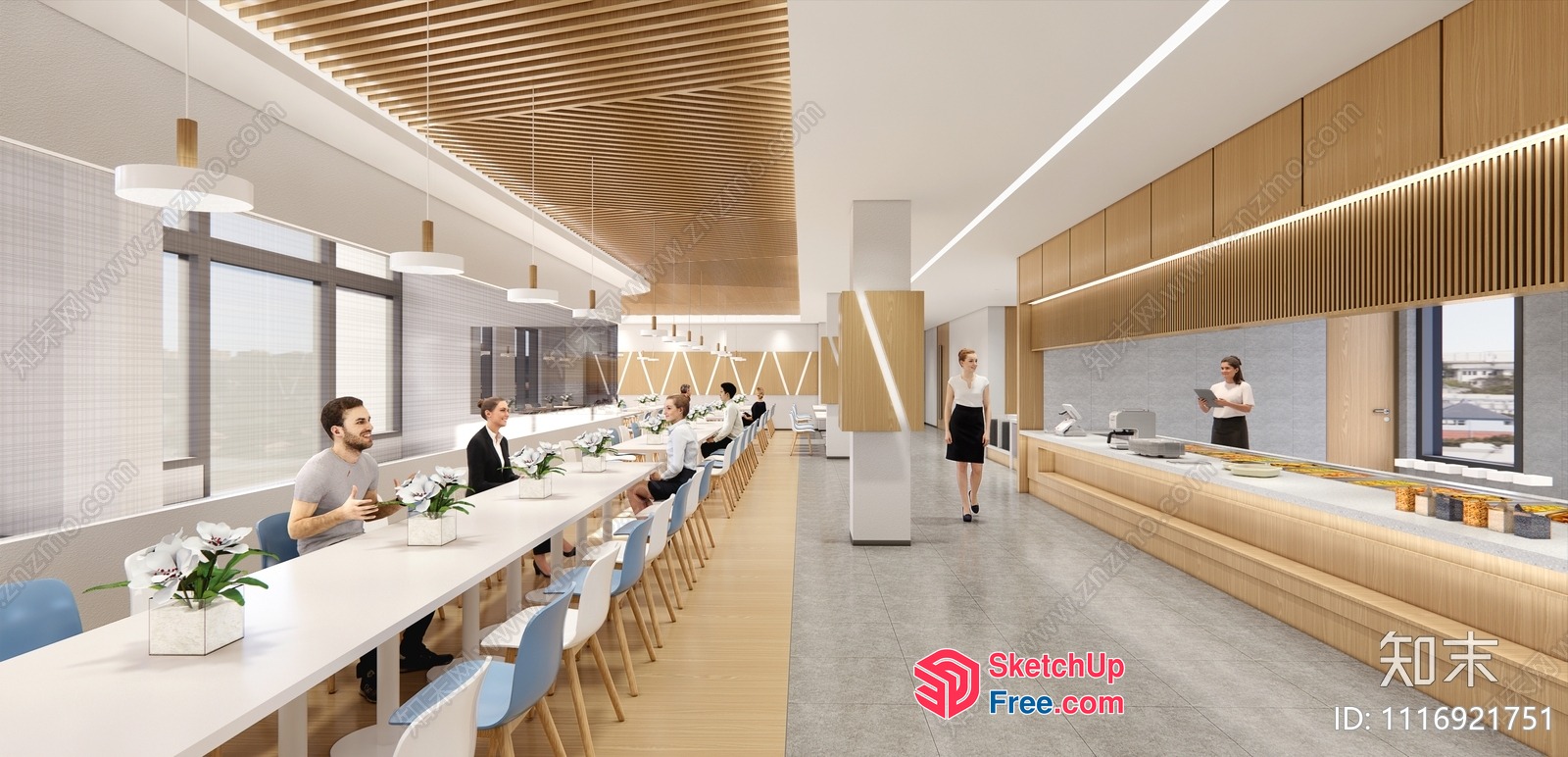 Modern Office Space With Long Tables And Bar Seating 3D SketchUp File