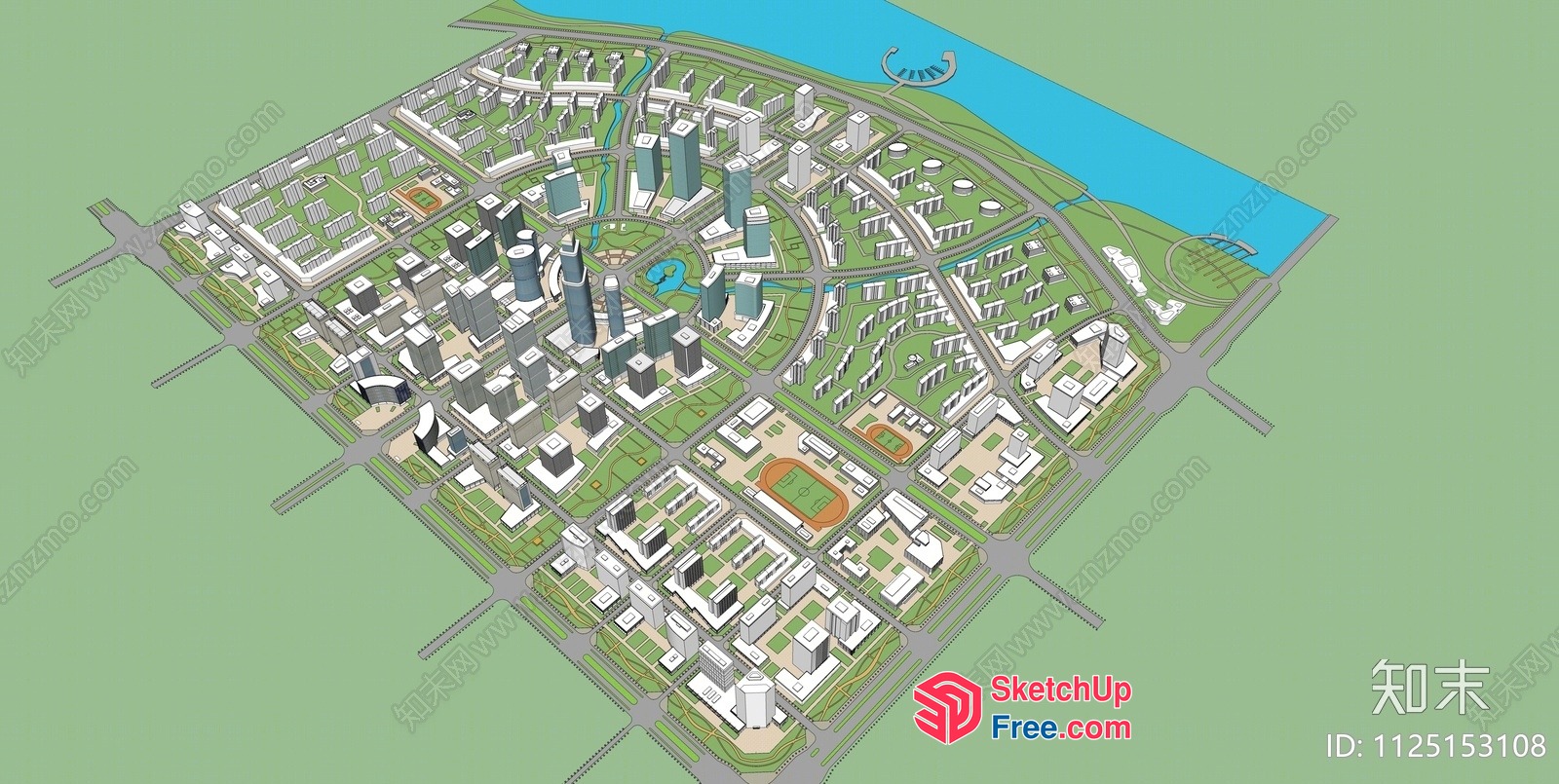 3D Model Of A City With Buildings And A River 3D SketchUp File