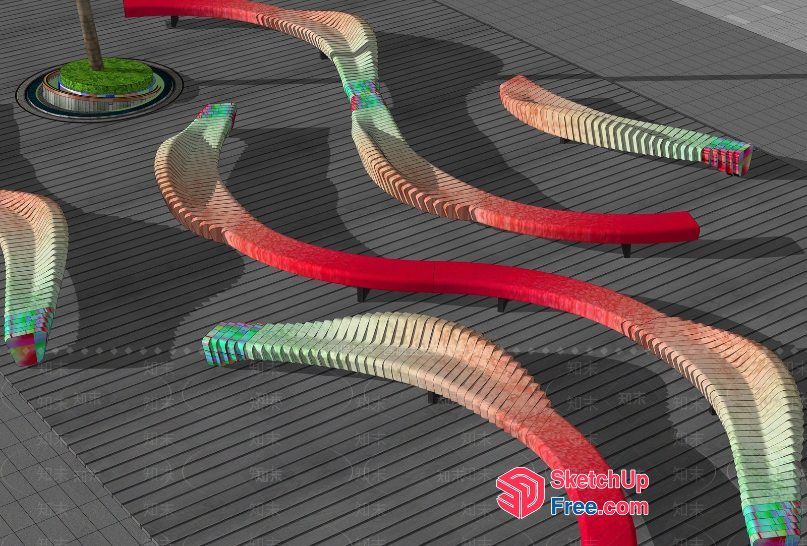 Colorful Curved Bench Set In A Modern Outdoor Setting 3D SketchUp File