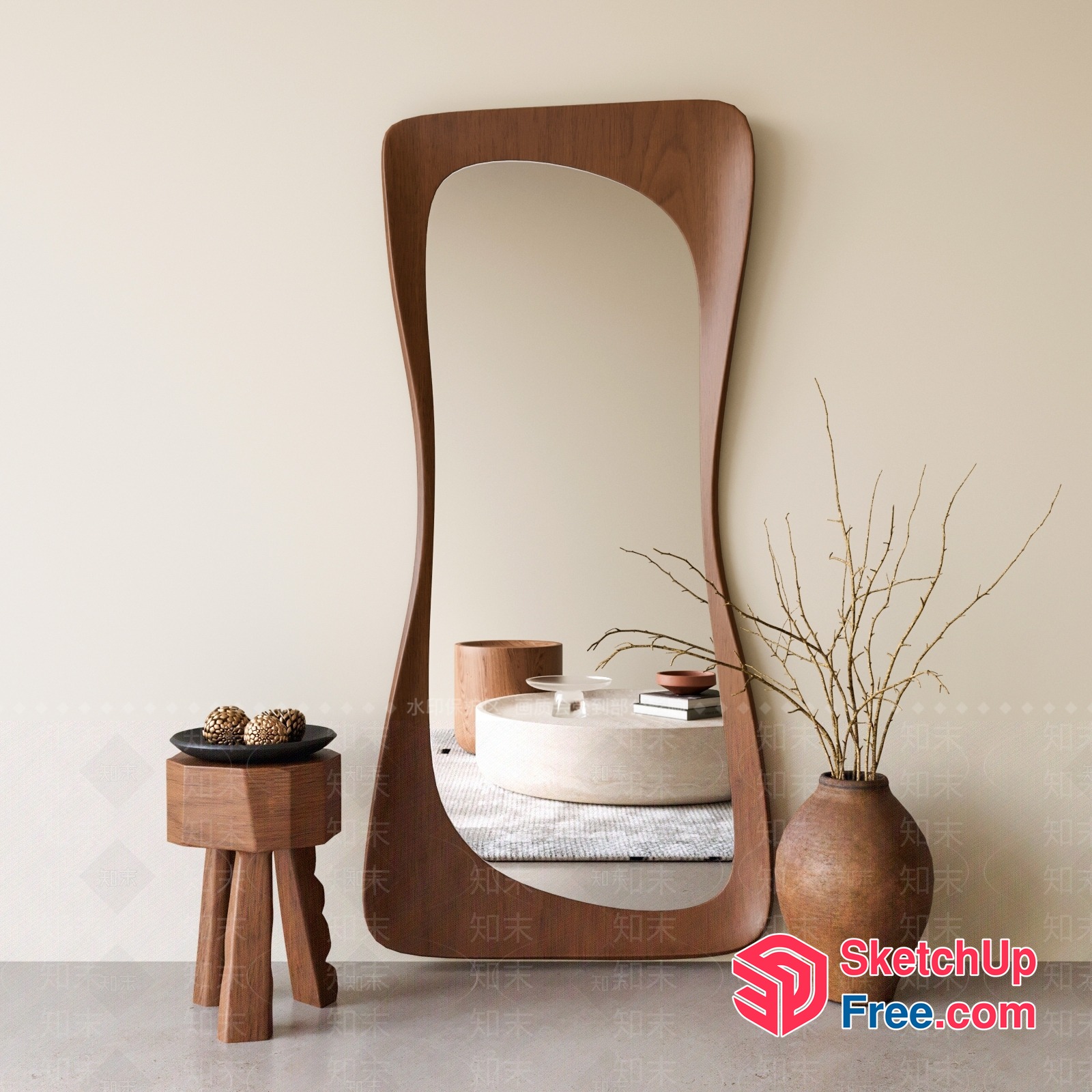 Modern Wooden Mirror With Curved Frame And Natural Vase 3D SketchUp File