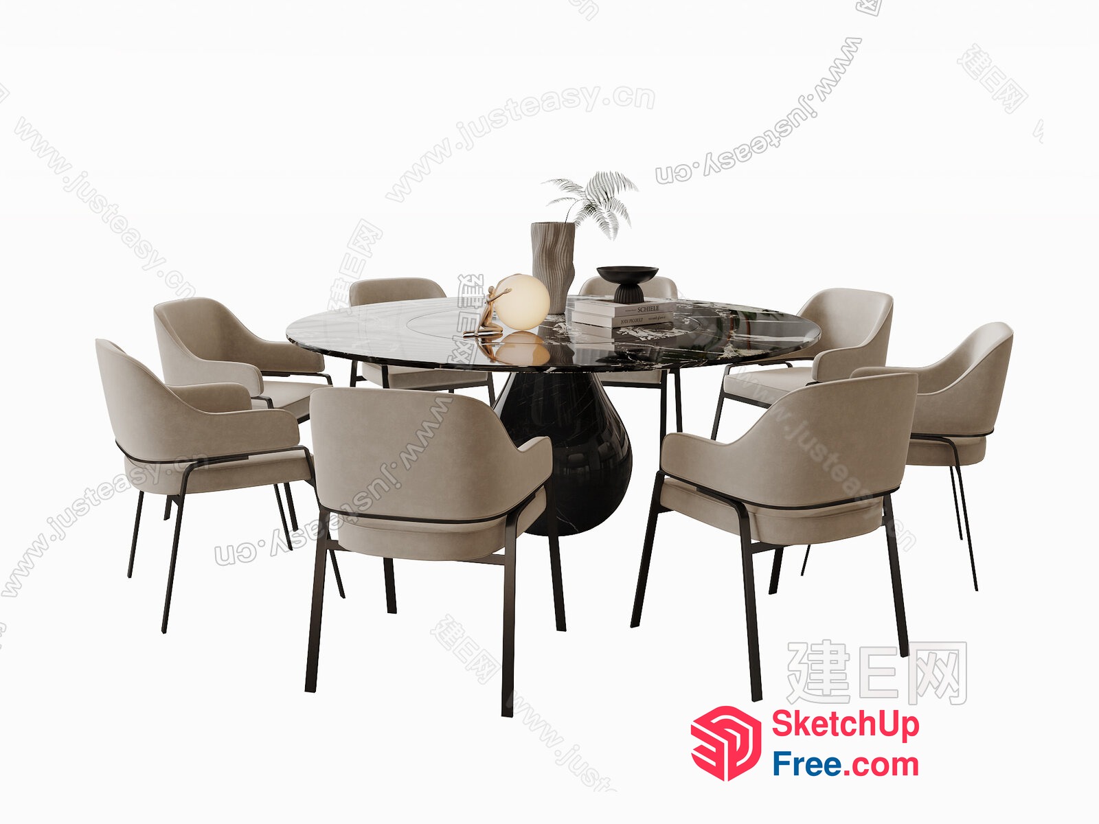 Modern Round Glass Table With Creamy Chairs 3D SketchUp File