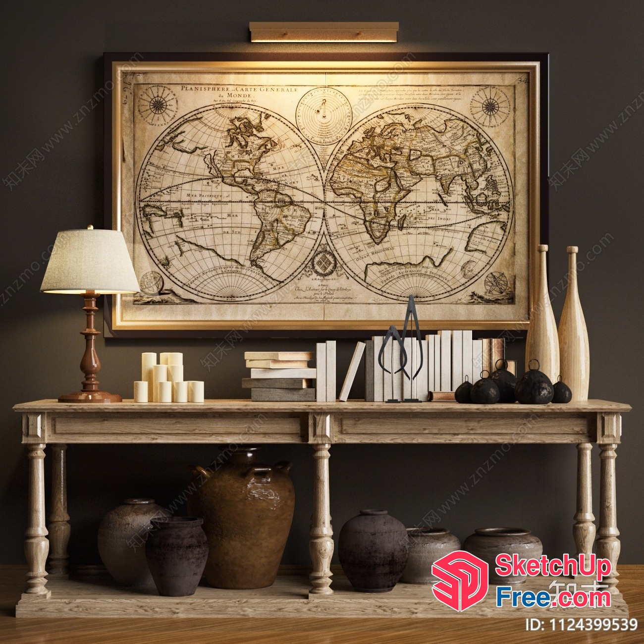 Vintage World Map And Antique Furniture Decor 3D SketchUp File