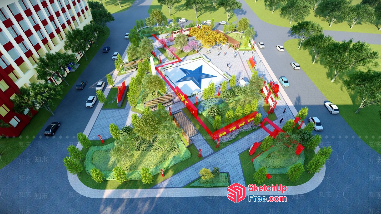 Aerial View Of A Modern Commercial Street With A Central Star-Shaped Plaza 3D SketchUp File