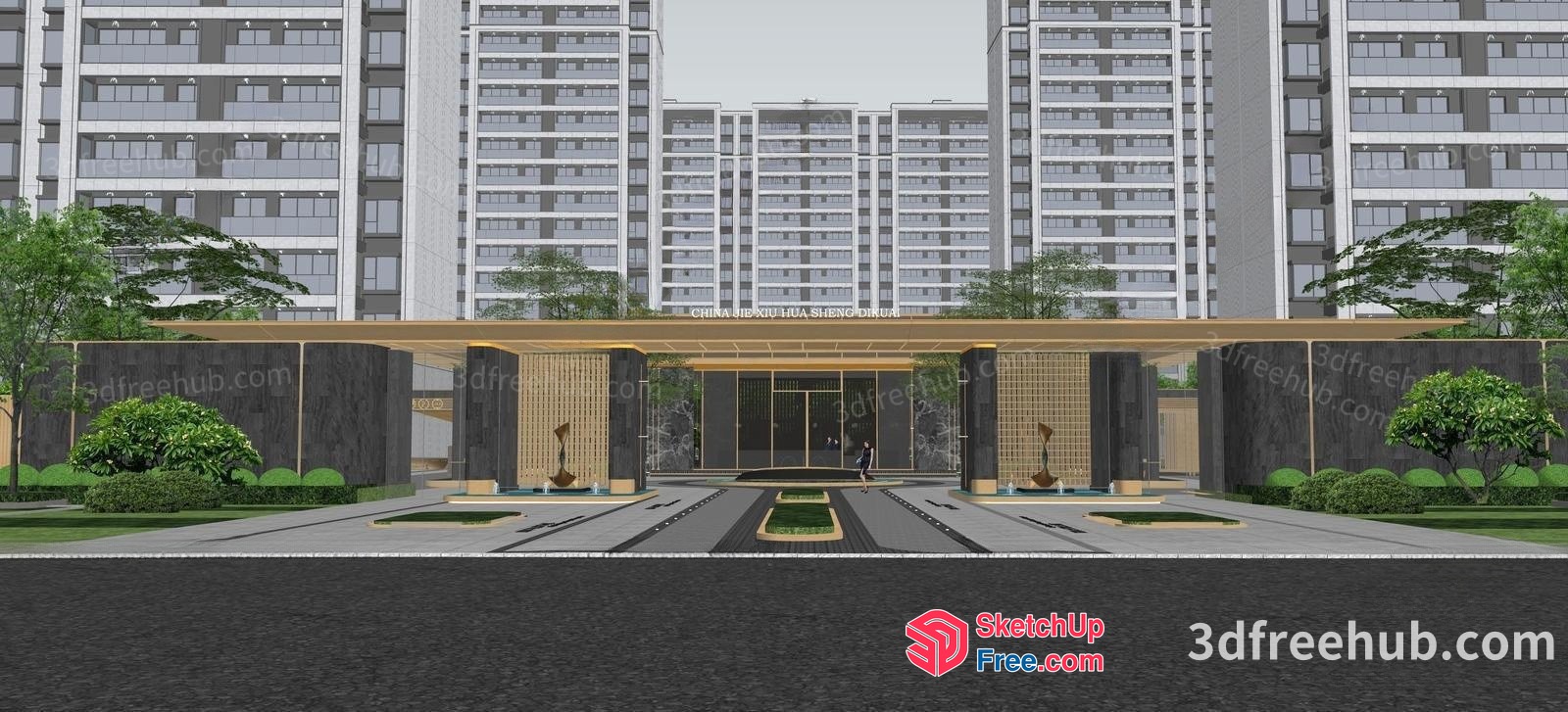 Modern Office Building Entrance With Glass Curtain Wall 3D SketchUp File