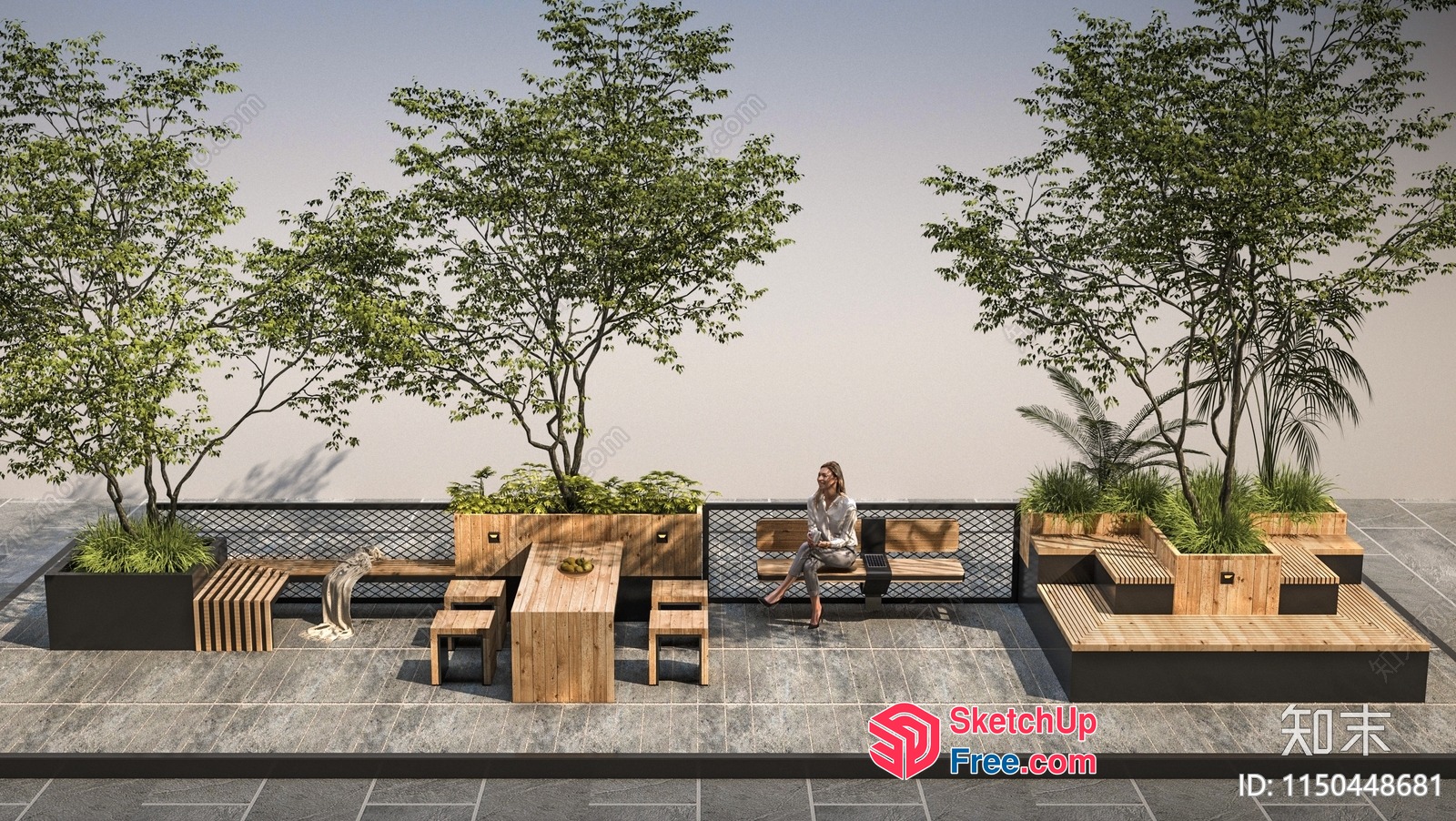 Modern Outdoor Seating Area With Wood Furniture And Greenery 3D SketchUp File