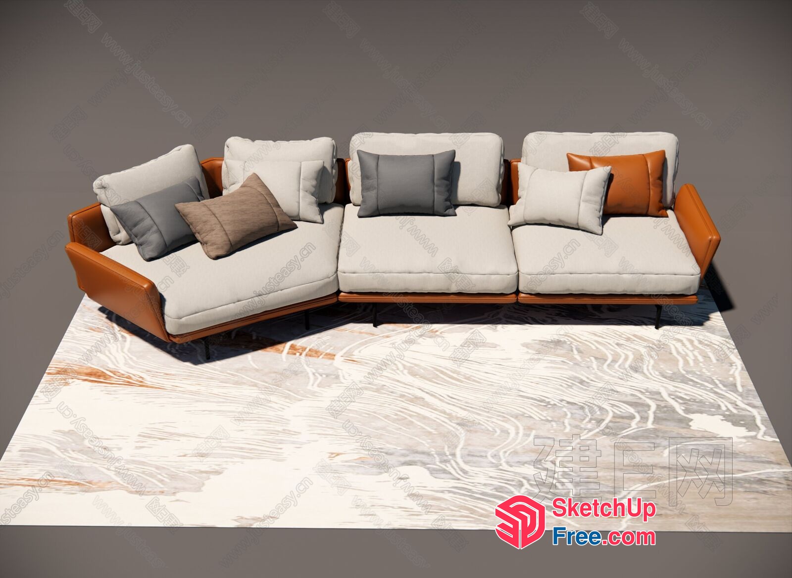 Modern L-Shaped Sofa With Brown Accents And Pillows 3D SketchUp File