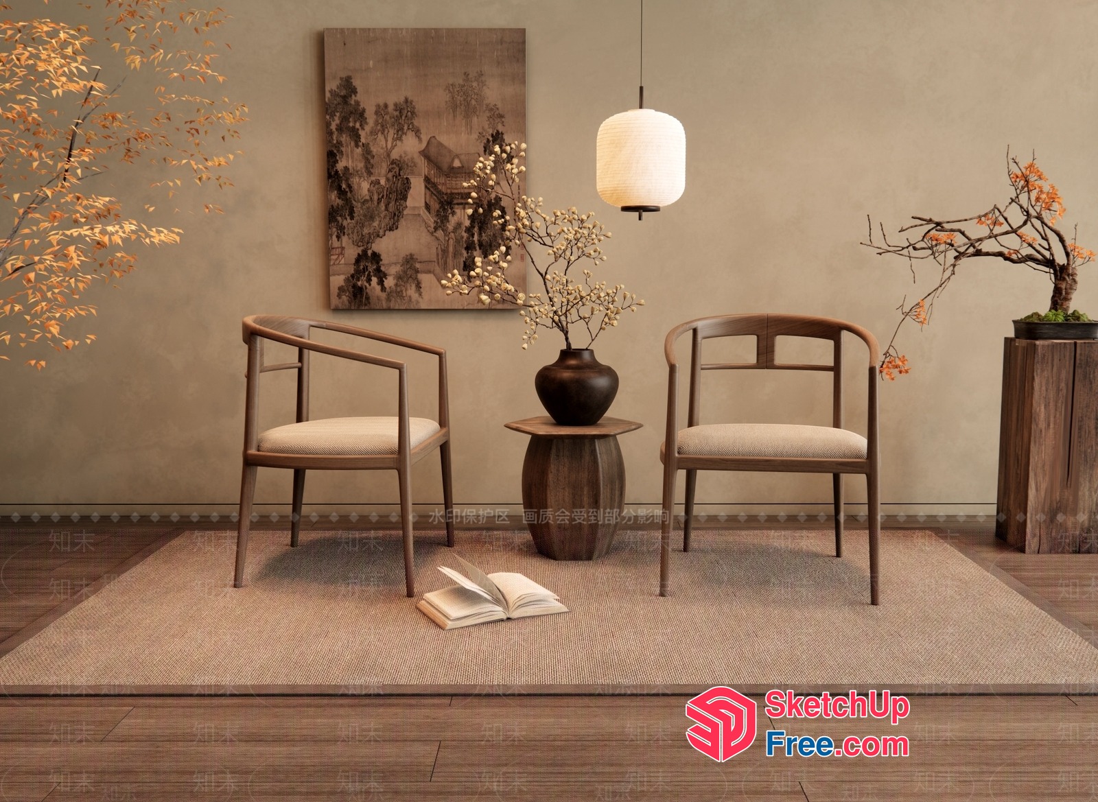 Elegant Asian-Inspired Living Room With Minimalist Decor 3D SketchUp File