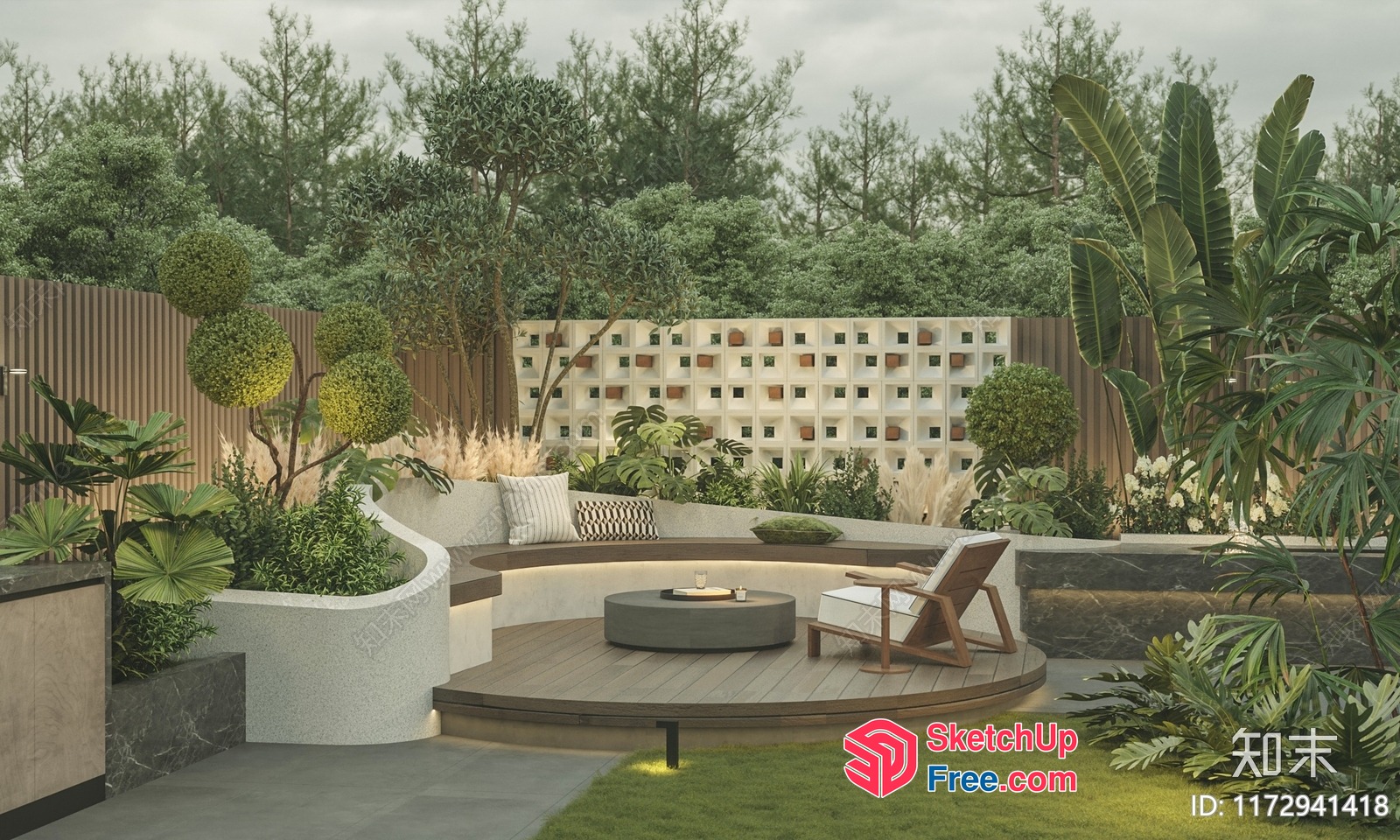 Serene Garden Oasis With Wood Deck And Pillars 3D SketchUp File