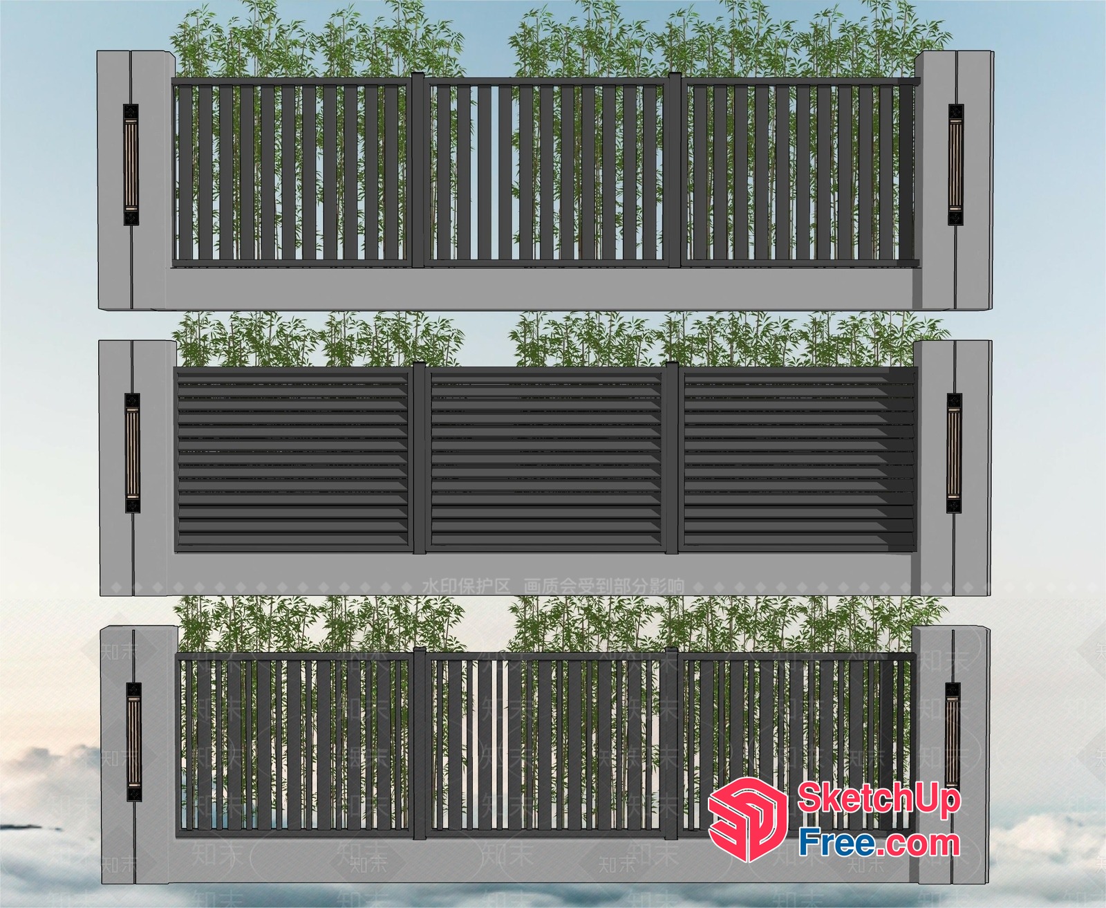 Modern Grey Gate Design With Lattice Fence 3D SketchUp File