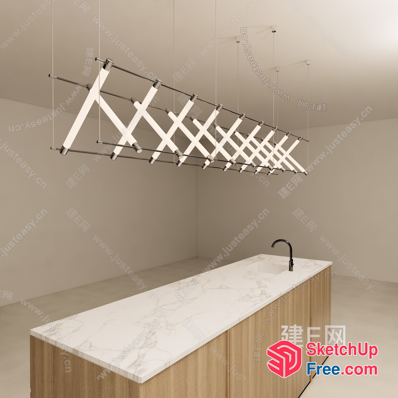 Modern Minimalist Kitchen Island With Sleek Lighting Fixture 3D SketchUp File