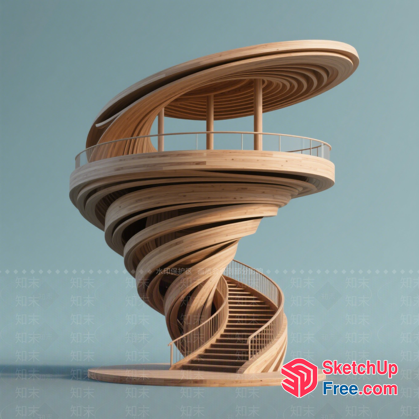 Spiral Wooden Staircase With Balcony And Railing 3D SketchUp File