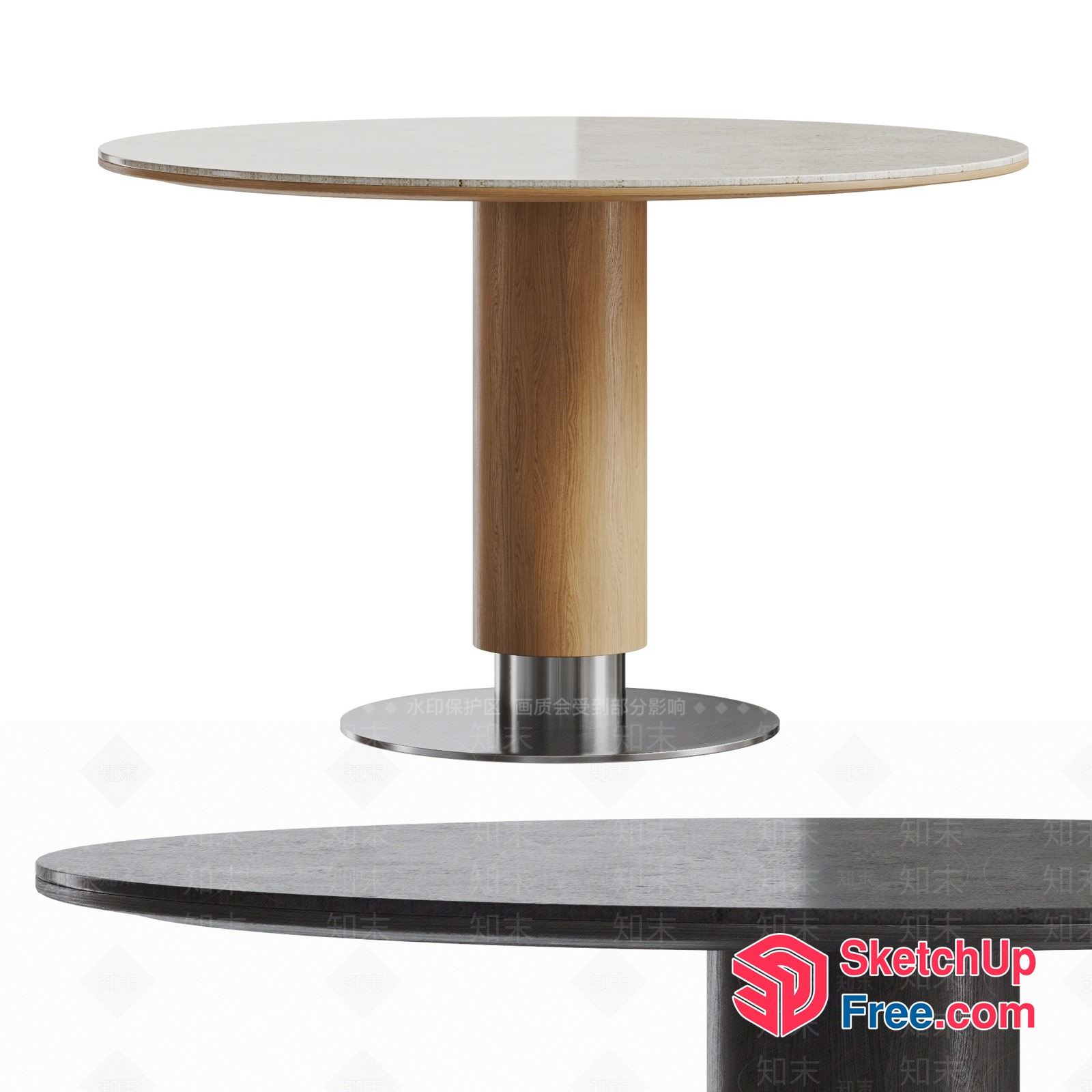 Modern Round Table With Wooden Pedestal And Stainless Steel Base 3D SketchUp File