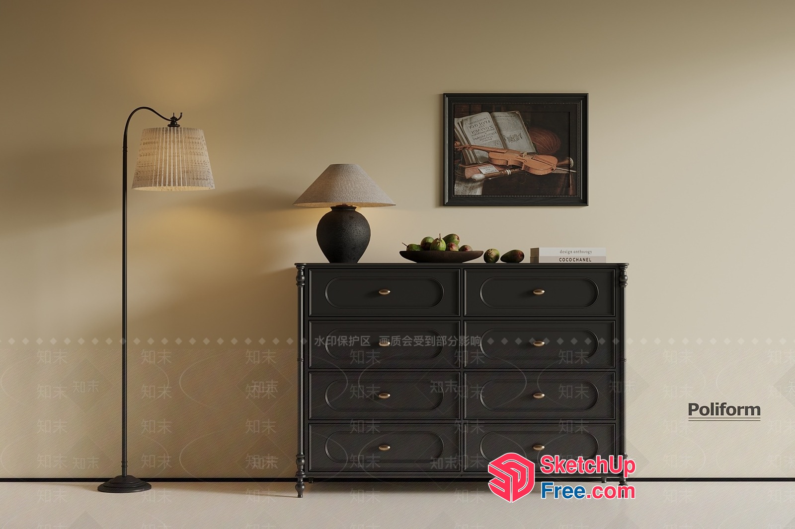 Elegant Black Dresser With Ornate Drawer Handles And Matching Lamp 3D SketchUp File