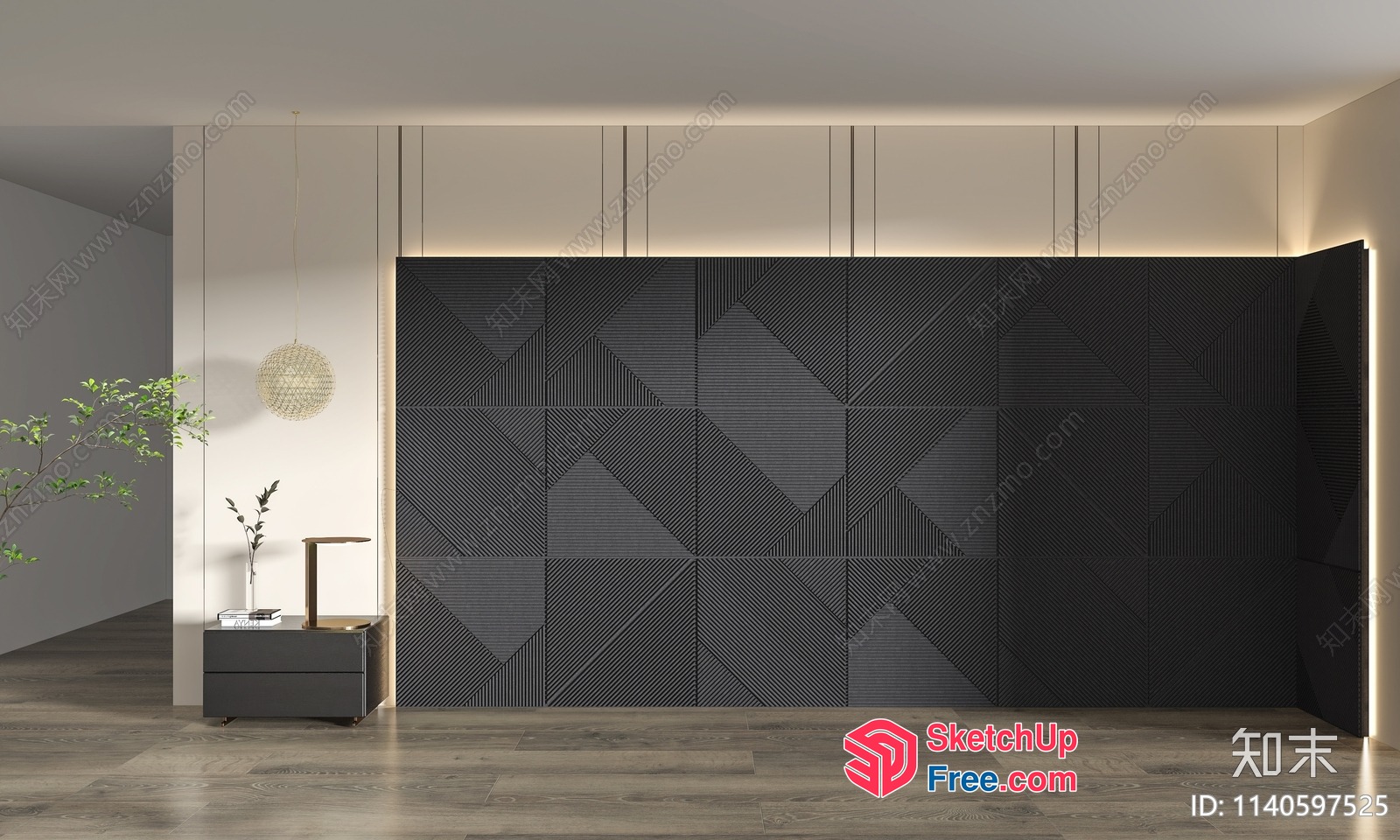 Modern Interior Room With Geometric Wall Design And Minimalist Furniture 3D SketchUp File