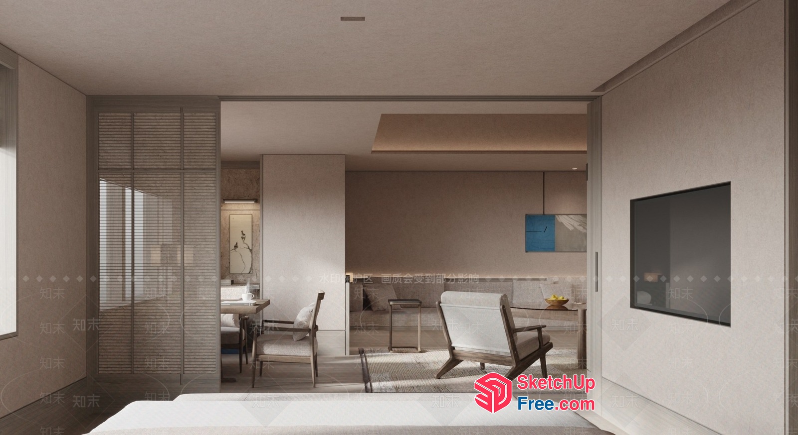 Minimalist Living Room With Creamy Style Furniture 3D SketchUp File