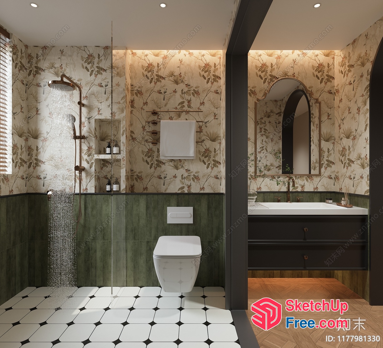 Vintage Style Bathroom With Floral Wallpaper And White Tiles 3D SketchUp File
