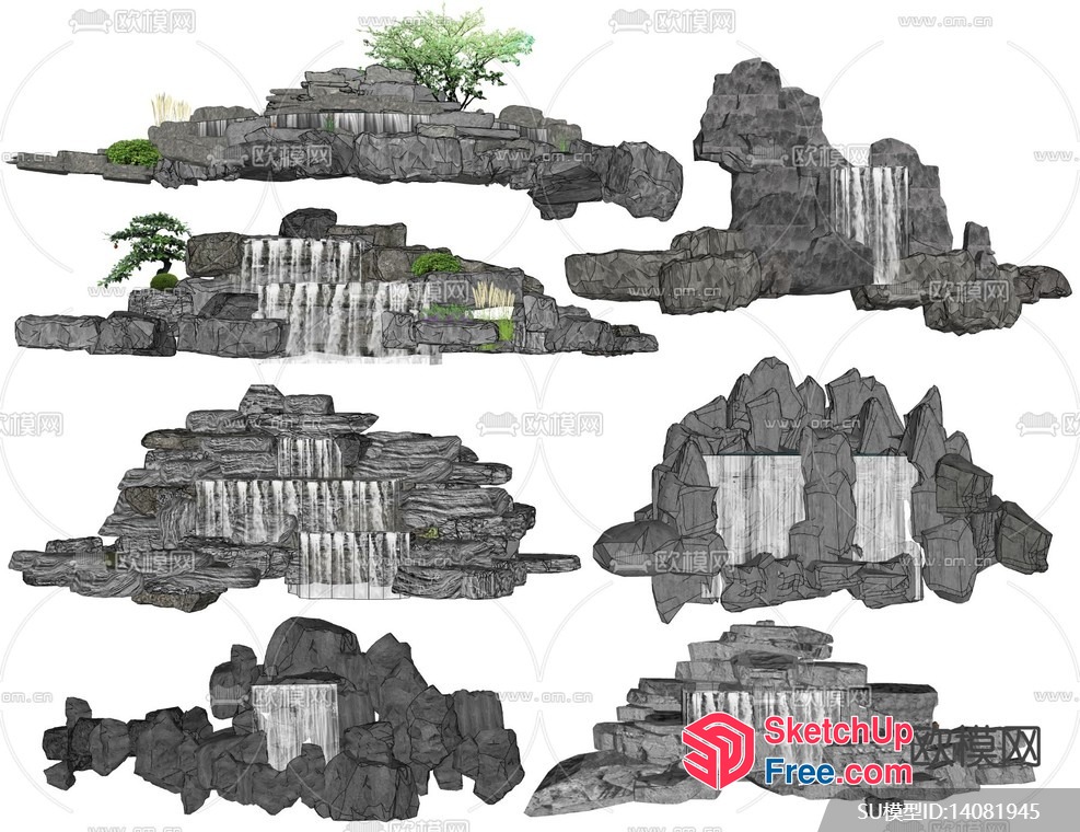 Natural Rock Formation With Waterfall And Trees 3D SketchUp File