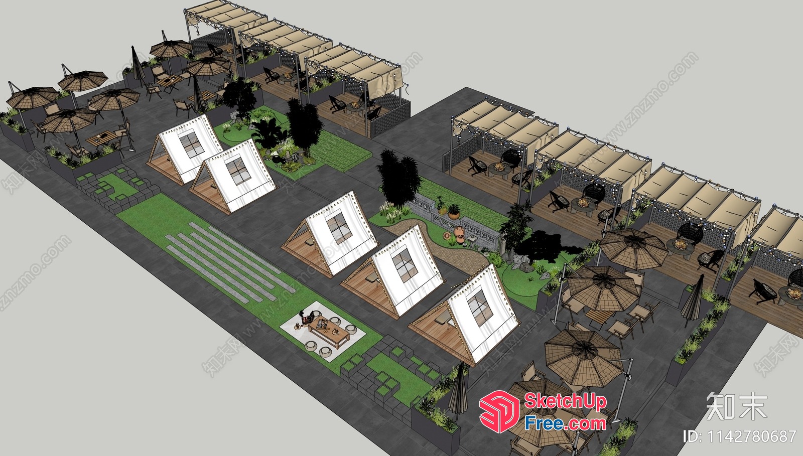 Outdoor Seating Area With White A-Frame Structures And Greenery 3D SketchUp File