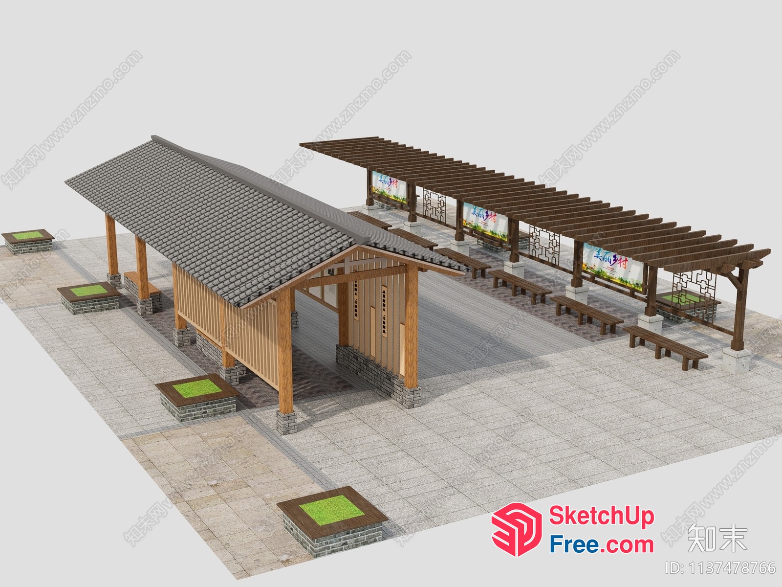 Traditional Chinese Pavilion With Roofed Walkway And Seating Area 3D SketchUp File