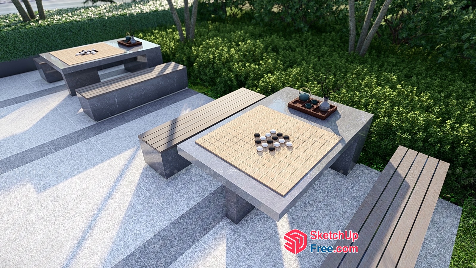 Outdoor Game Tables With Benches And Decorative Accents 3D SketchUp File