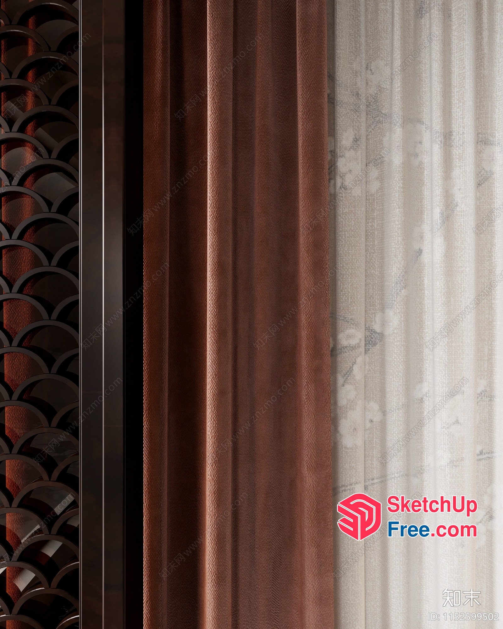 Brown And White Curtain Panels With Ornate Design 3D SketchUp File