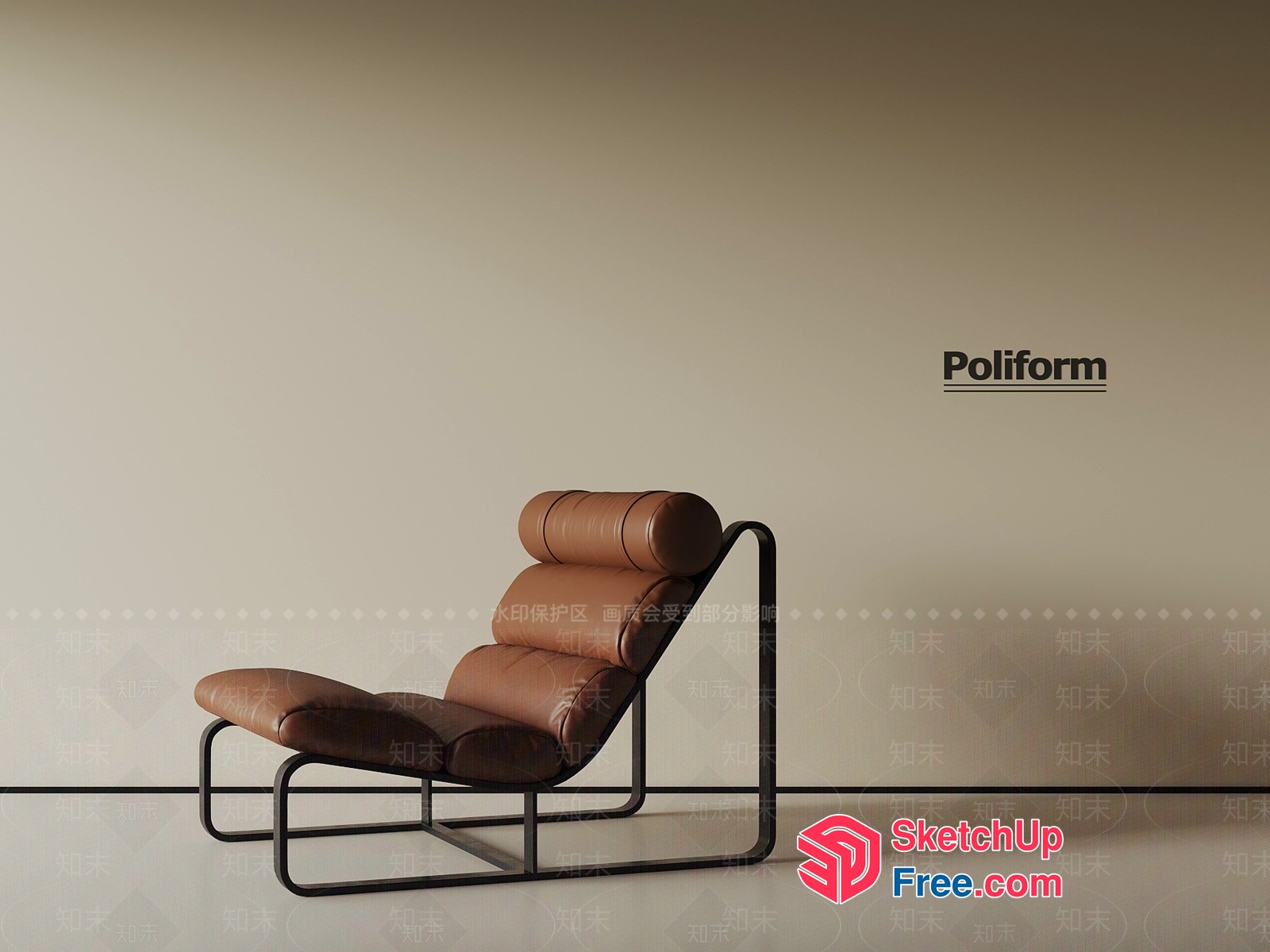 Poliform Modern Minimalist Brown Leather Chair And Footstool 3D SketchUp File