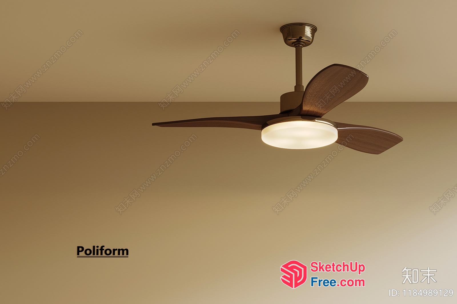 Ceiling Fan With Light Fixture And Wooden Blades 3D SketchUp File