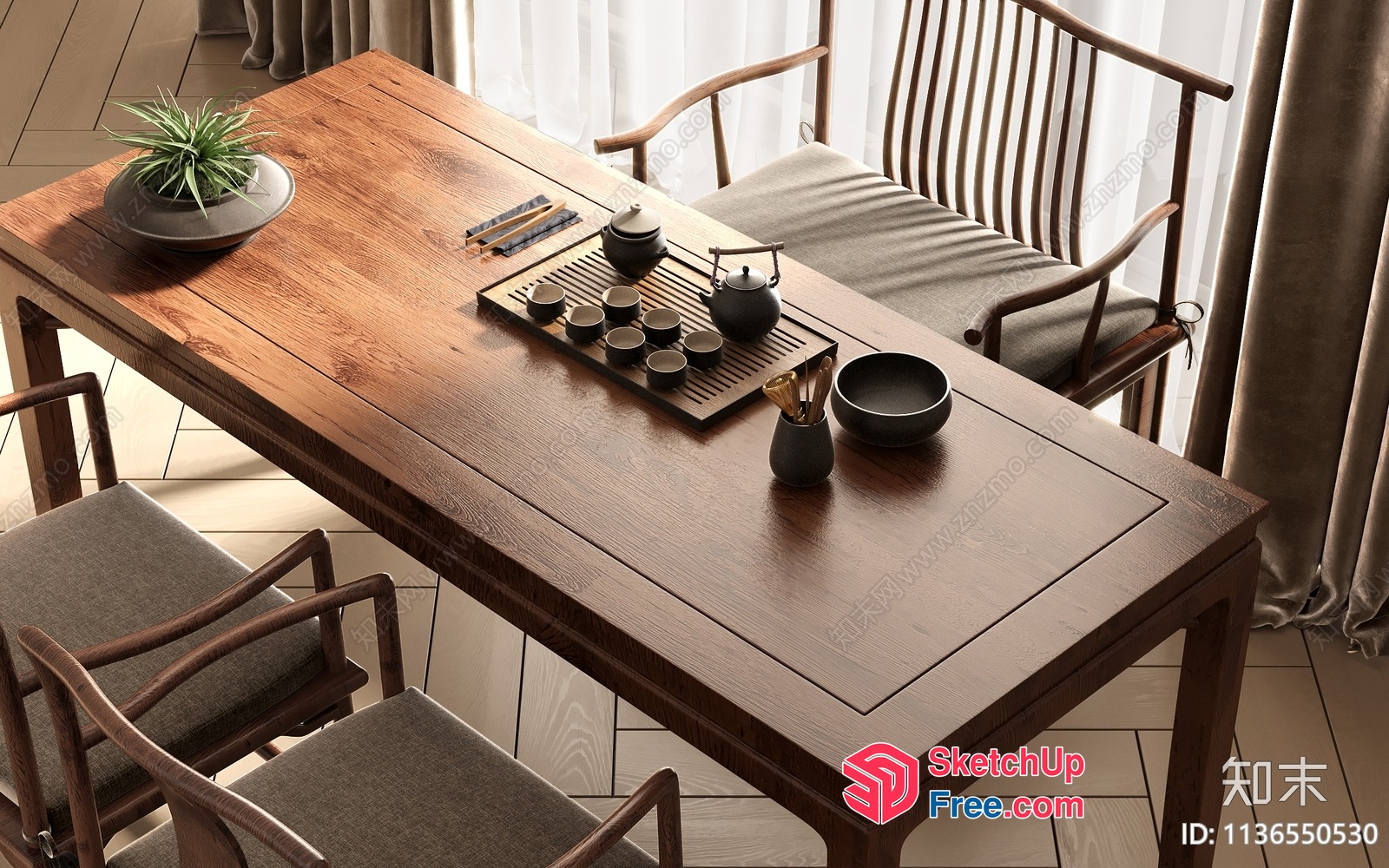 Elegant Dining Room With Wooden Table And Chairs 3D SketchUp File