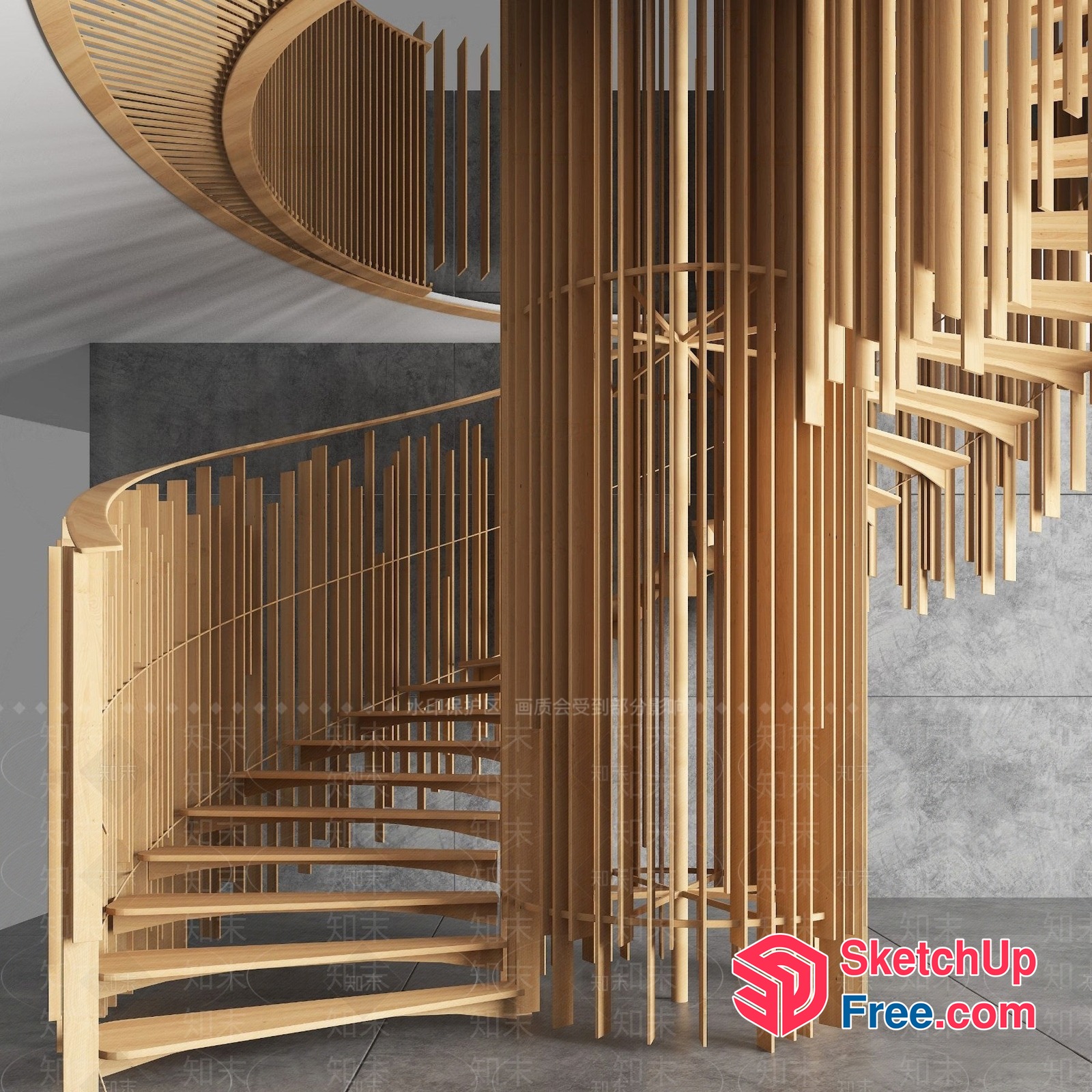 Curved Wooden Staircase With Ornate Railing 3D SketchUp File