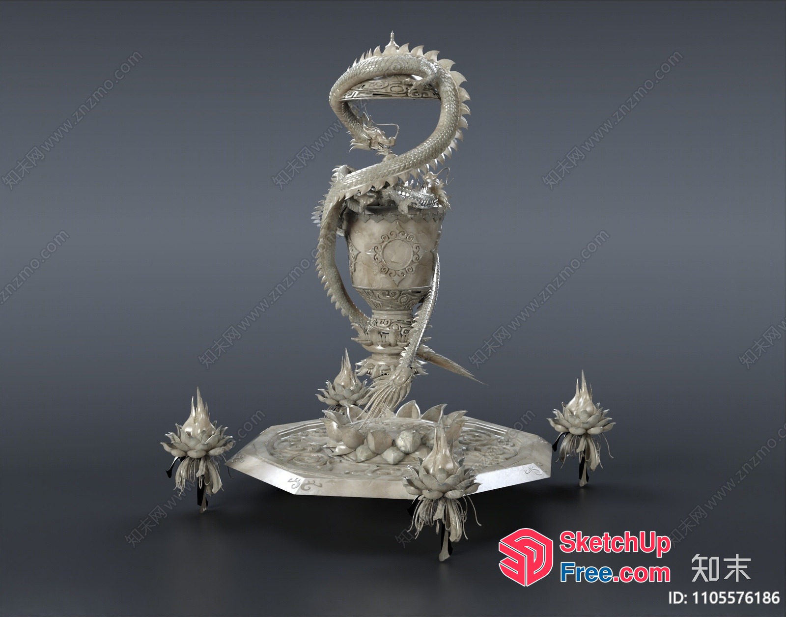 Dragon-Inspired Silver Vase With Tray And Decorative Elements 3D SketchUp File