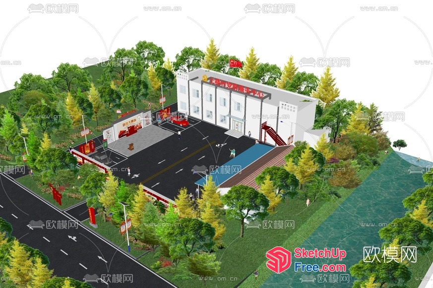 Modern Commercial Building With Vibrant Street Scene 3D SketchUp File