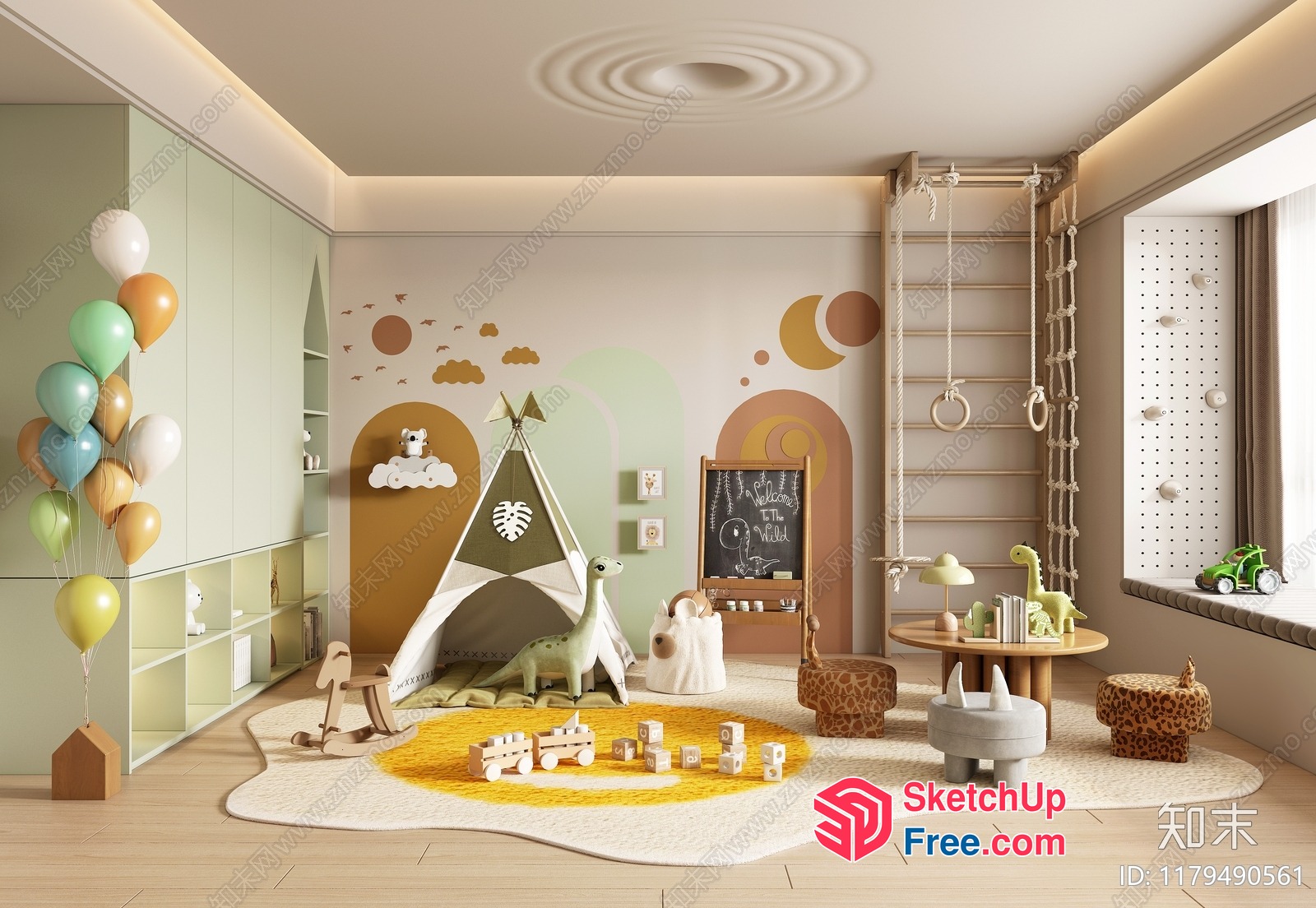 Cozy Pastel Kids' Playroom With Dinosaur Decor 3D SketchUp File