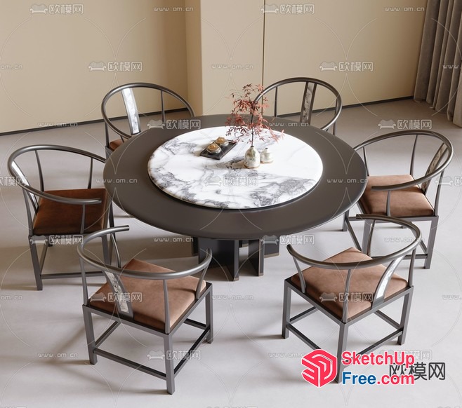 Round Dining Table With Marble Top And Six Chairs 3D SketchUp File