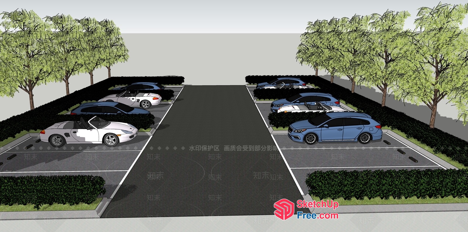 Car Parking Lot With Cars And Trees 3D SketchUp File