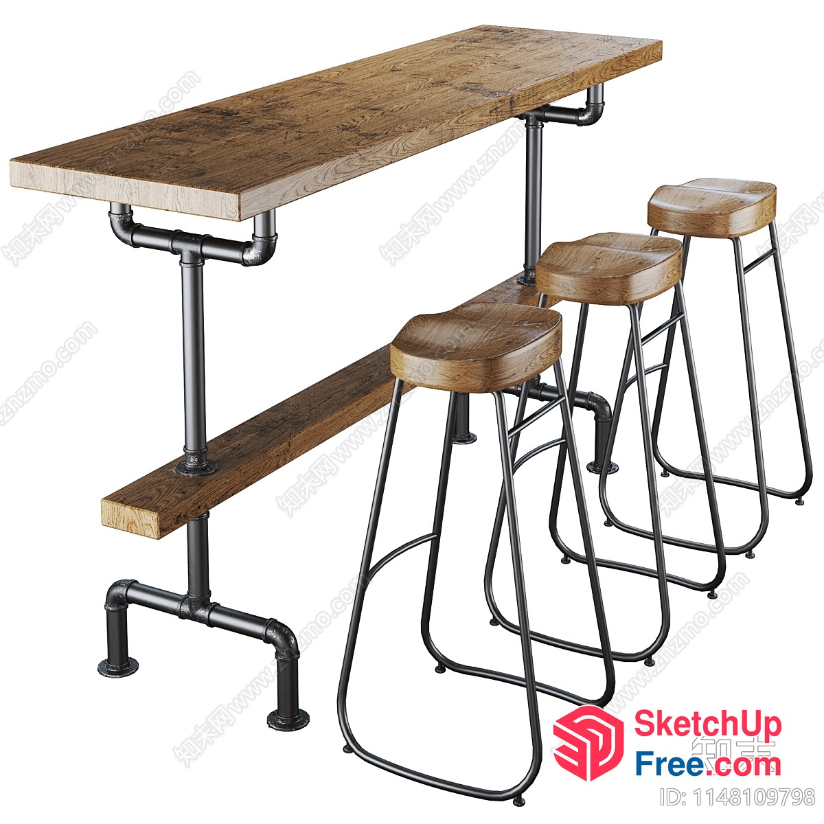 Industrial Style Wooden Bar Table And Stools 3D SketchUp File