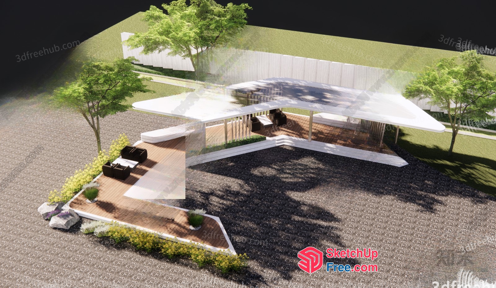 Exterior Modern Villa With Wooden Deck And White Roof 3D SketchUp File