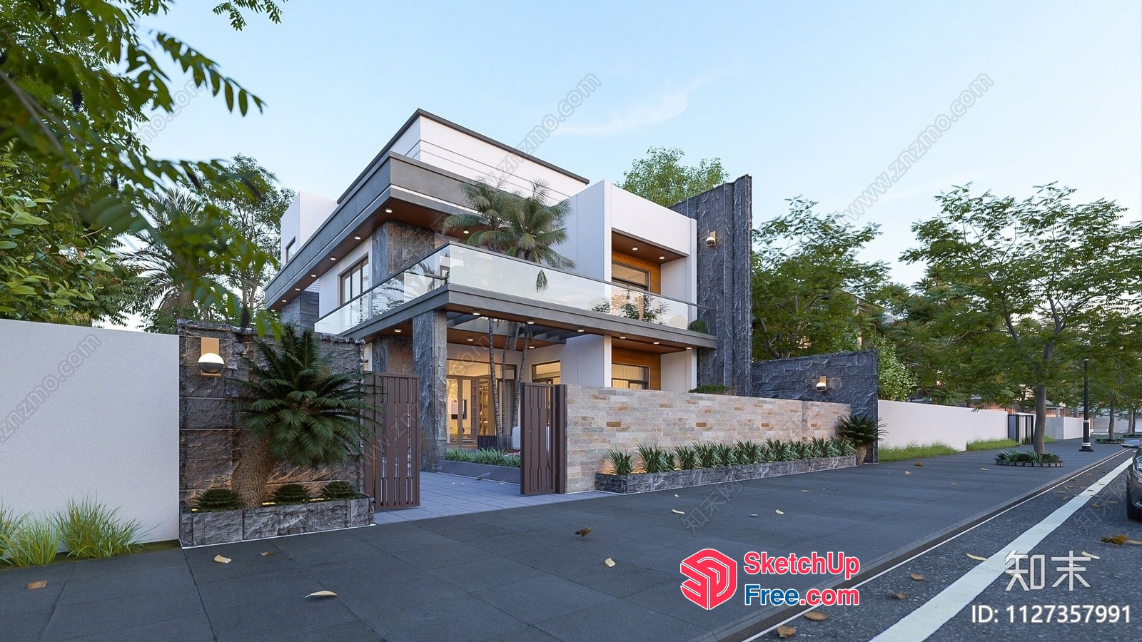 Modern Villa With Glass Curtain Wall And Pillar 3D SketchUp File