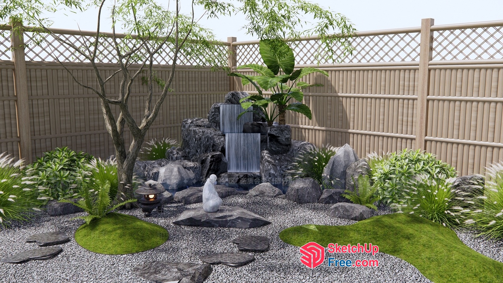 Serene Japanese Garden Oasis With Waterfall 3D SketchUp File