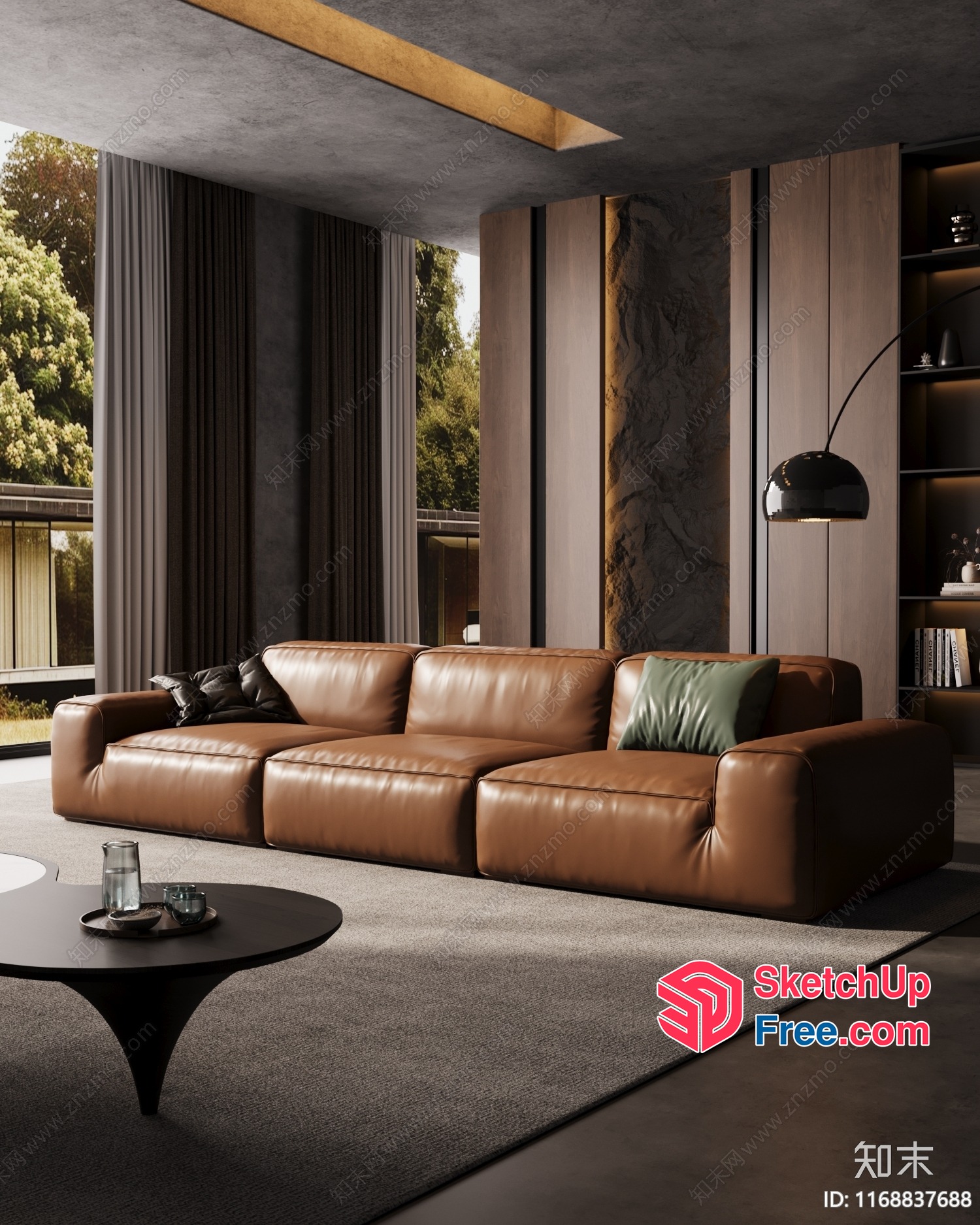 Modern Living Room With Brown Leather Sofa And Pillars 3D SketchUp File