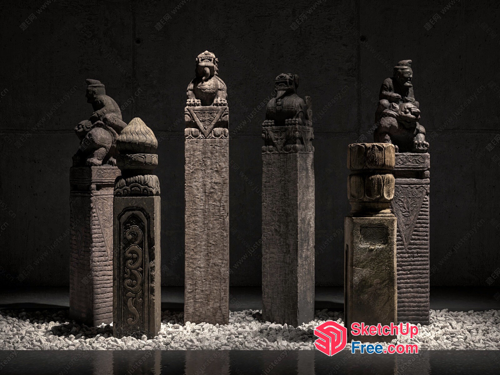 Ancient Asian Stone Pillars With Intricate Carvings 3D SketchUp File