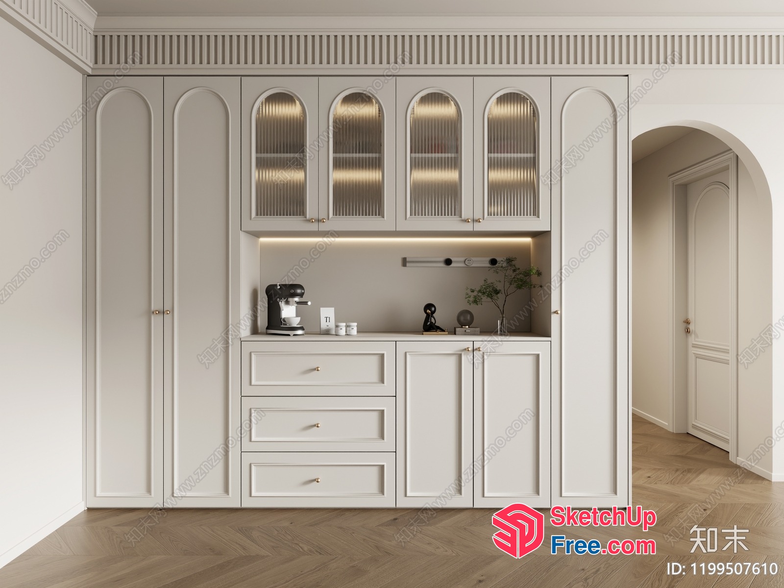 White Elegant Kitchen Cabinet With Modern Glass Doors 3D SketchUp File