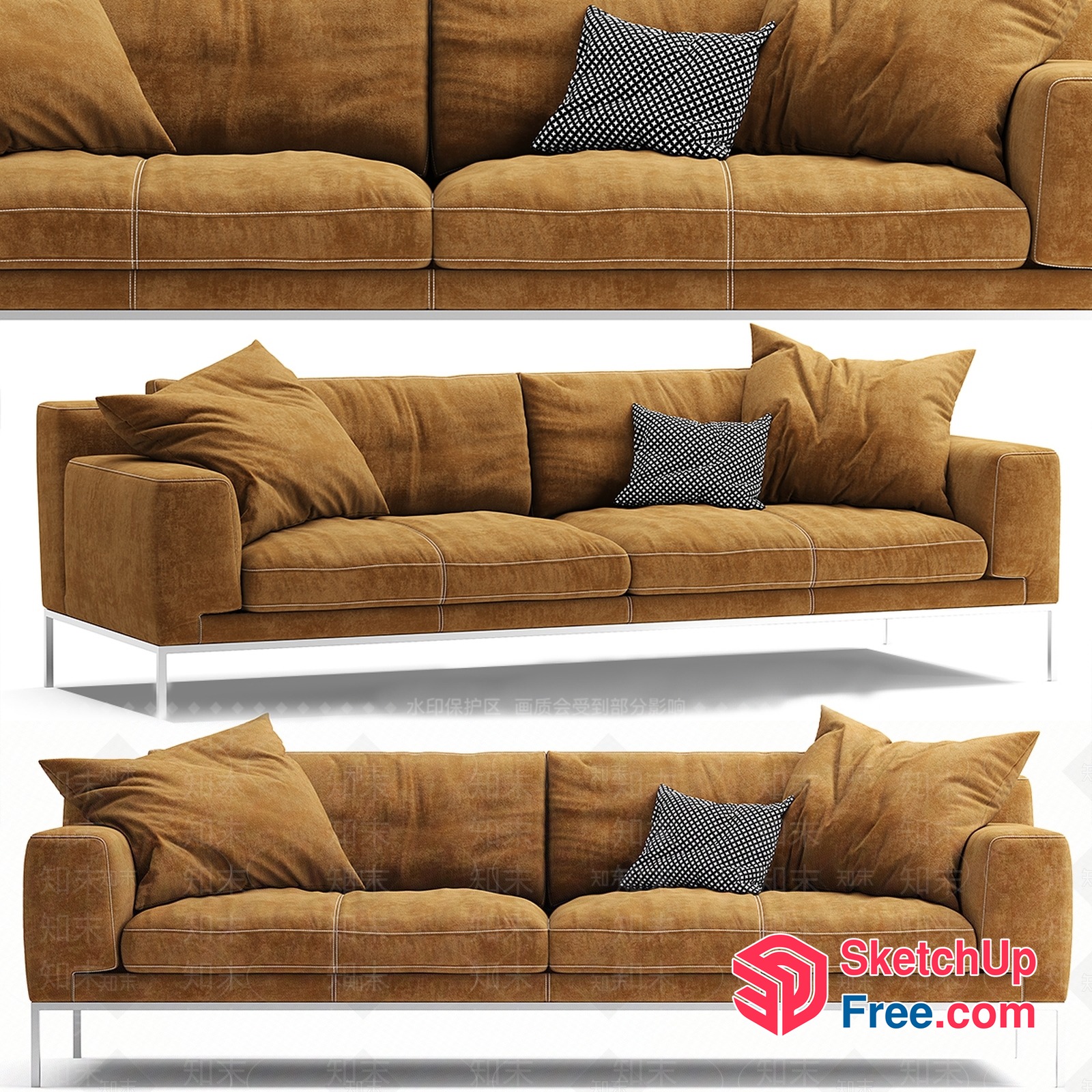 Brown Leather Couch With Pillows 3D SketchUp File