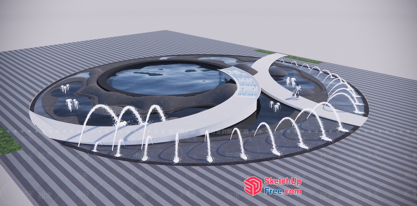 Modern Water Fountain Design With Circular Pools And Fountains 3D SketchUp File
