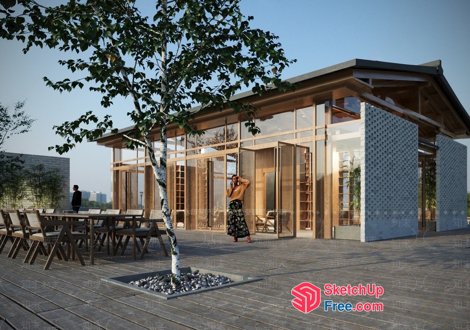 Modern Japanese-Style Home Exterior With Glass Curtain Wall And Wooden Accents 3D SketchUp File